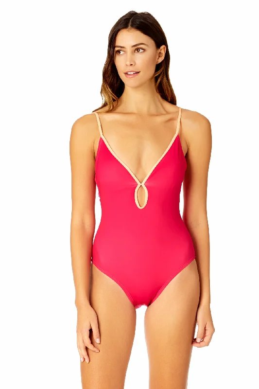 Women's Solid Piped Keyhole One Piece Swimsuit