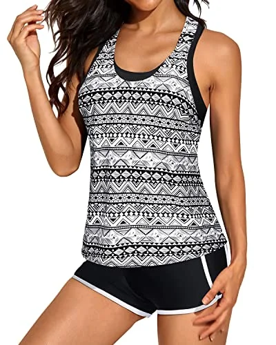 Printed floral women swimwear for a feminine and colorful beach vibeFlattering U-Neck Tankini Tops Sports Bra And Boyshorts Swim Shorts-Black Stripe