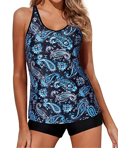 Maternity women swimwear for expecting mothers to enjoy the water comfortablyWomen's Geometric/Stripe Pattern Tankini Top Tummy Control Boy Shorts-Blue Paisley