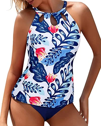 Monokini women swimwear with a unique one - piece - meets - bikini designHigh Waisted Swim Bottom Tummy Control Backless Tankini-White And Blue Floral