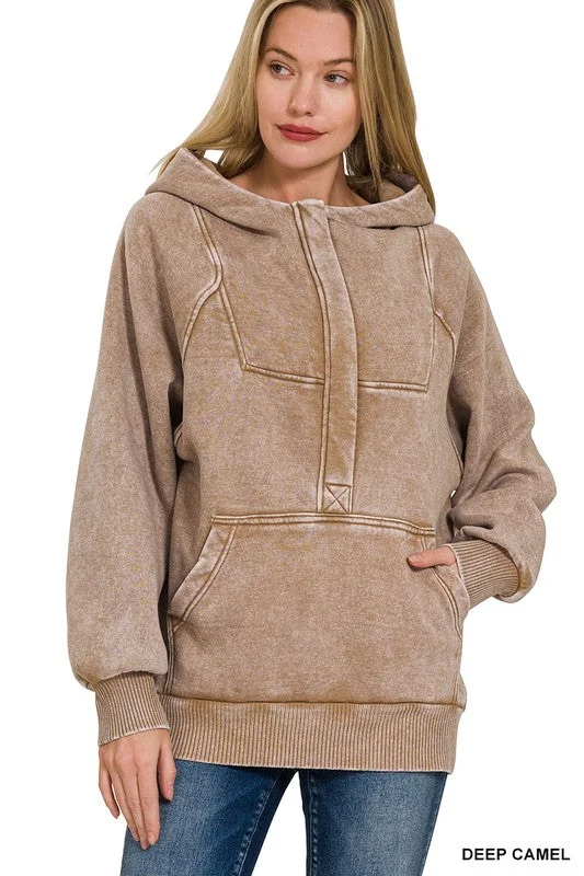 Metallic Accent Women Long Sleeve Top for a Glamorous LookALLIE ACID WASH FLEECE OVERSIZED 1/4 ZIP KANGAROO HOODIE