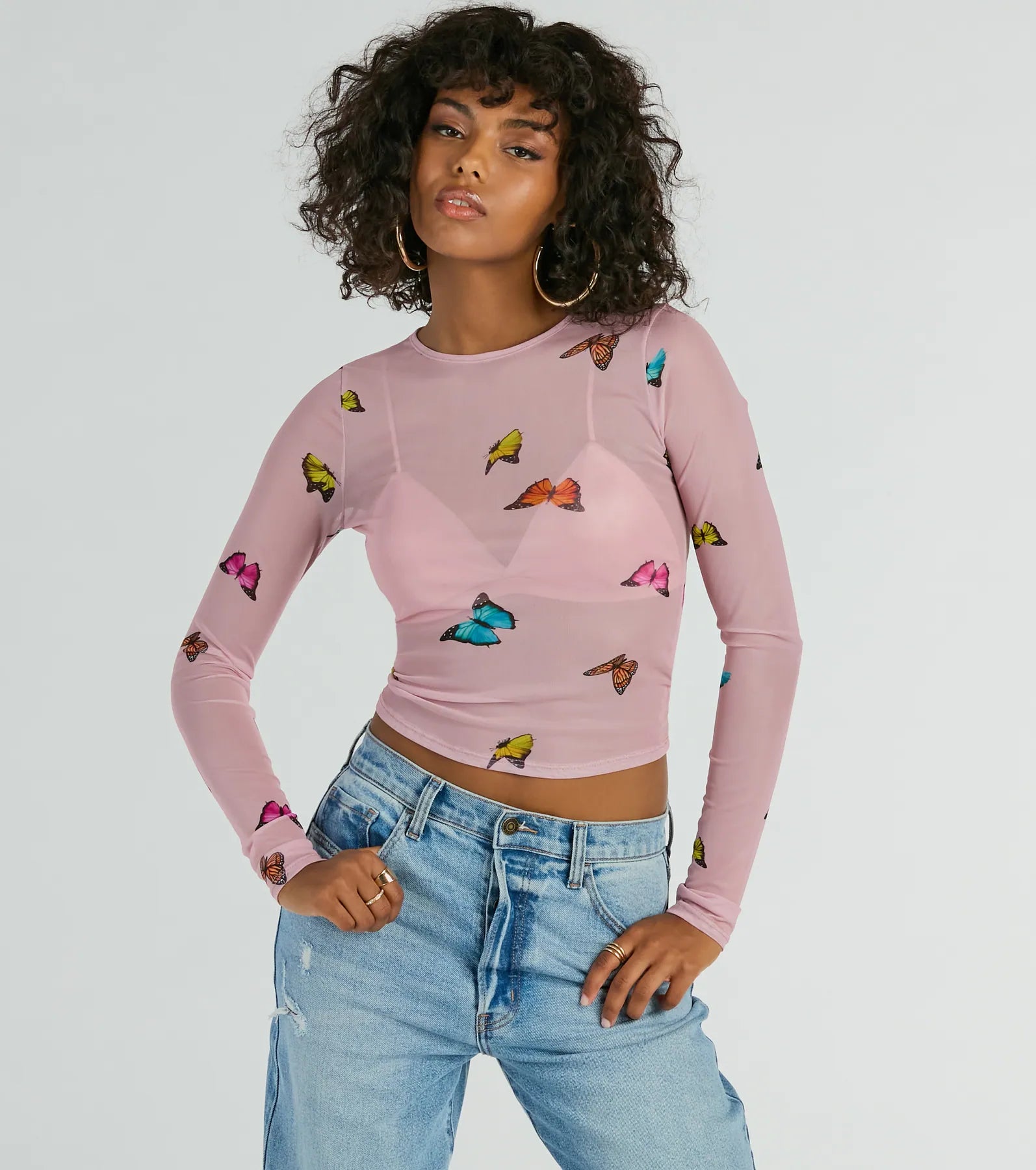 Printed Graphic Women Long Sleeve Top with a Bold StatementButterfly Effect Long Sleeve Mesh Crop Top