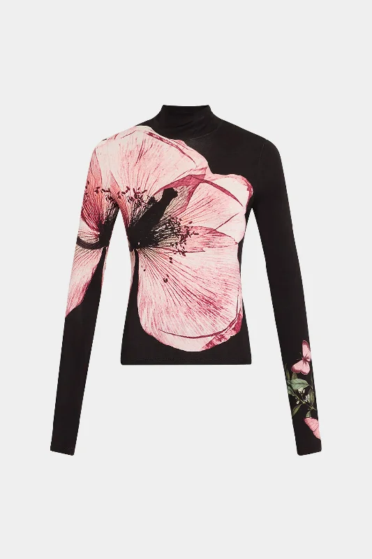 Lace - Trimmed Women Long Sleeve Top for an Elegant LookFloral Print Mock Neck Long-Sleeve Top