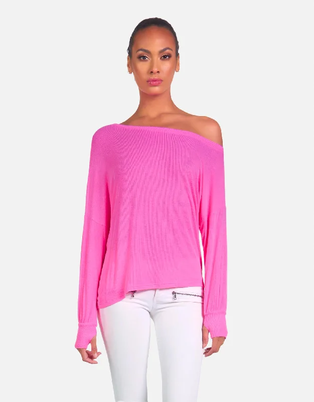 Ruffled Cuff Women Long Sleeve Top with a Feminine TouchKristopher Tee Neon Pink