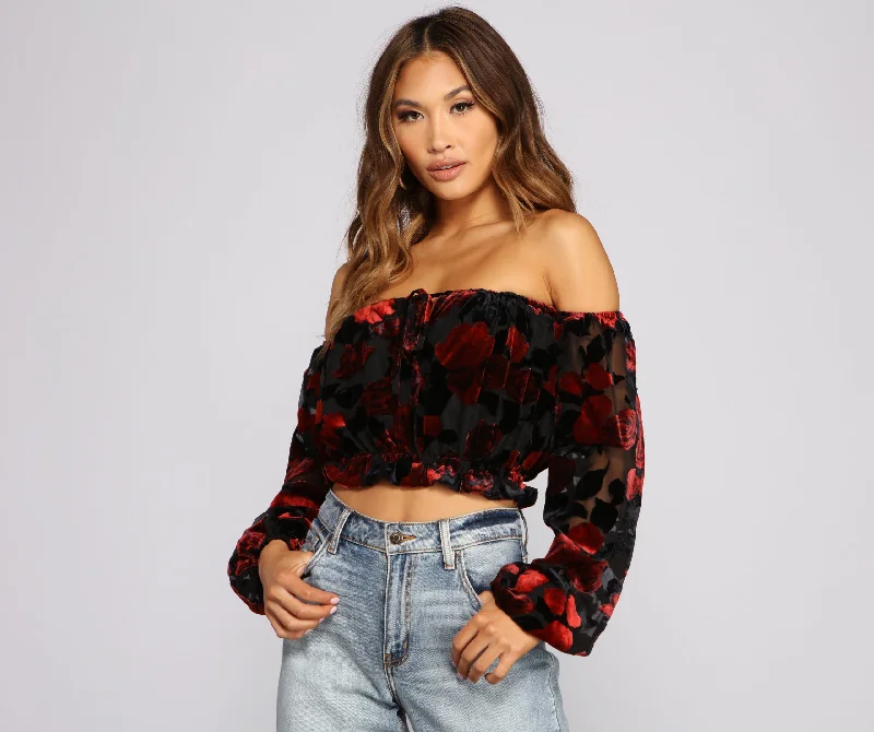 Lightweight Women Long Sleeve Top for Spring and AutumnFloral Burnout Off The Shoulder Crop Top