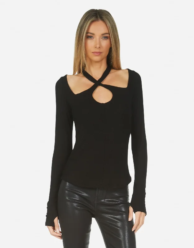 Ruffled Cuff Women Long Sleeve Top with a Feminine TouchGael Black