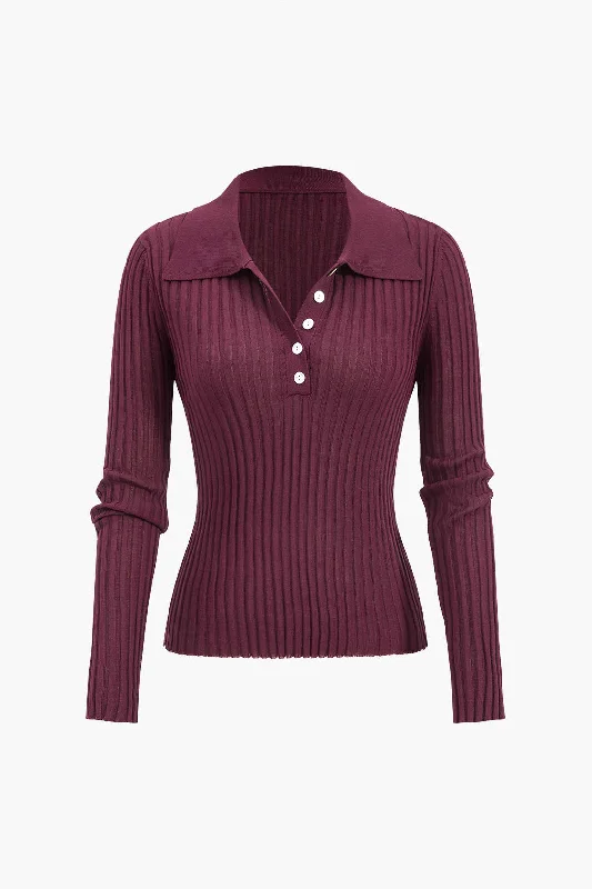 Pocket - Equipped Women Long Sleeve Top for Added FunctionalityRibbed Button Long-Sleeve Top