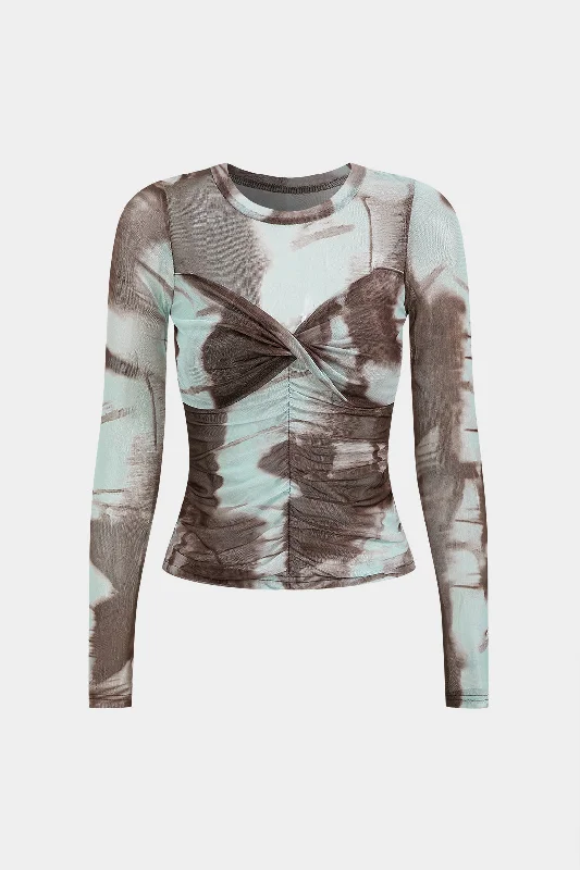 Mock Neck Women Long Sleeve Top for a Modern AestheticTie Dye Print Mesh Twist Long-Sleeve Top