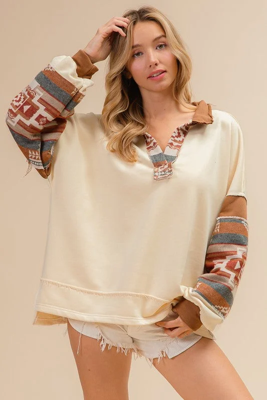 Lace - Trimmed Women Long Sleeve Top for an Elegant LookFRANCES FRENCH TERRY KNIT AND AZTEC PRINT MIXED TOP S-XL