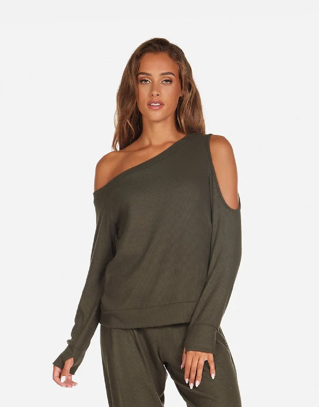 Ribbed Women Long Sleeve Top with a Textured AppealLink Cold Shoulder Top