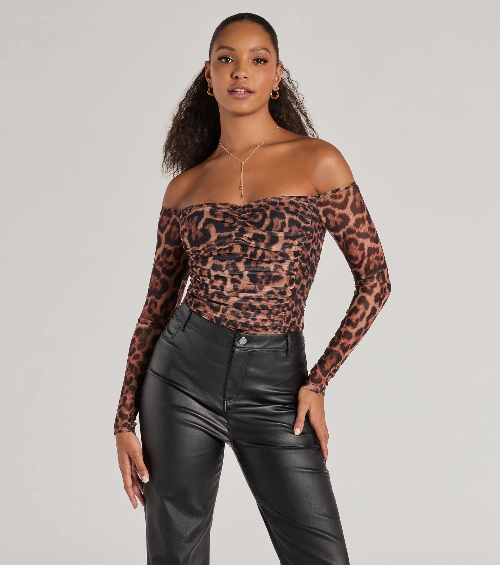 Metallic Accent Women Long Sleeve Top for a Glamorous LookSultry Leopard Print Mesh Off-The-Shoulder Top