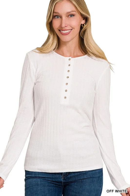 Striped Women Long Sleeve Top in a Timeless PatternMONICA RIBBED LONG SLEEVE BUTTON DOWN TOP