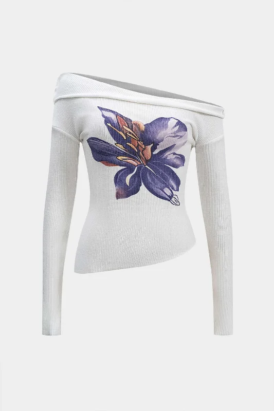 Turtleneck Women Long Sleeve Top for Cold Winter DaysFloral Print Asymmetrical Long-Sleeve Top