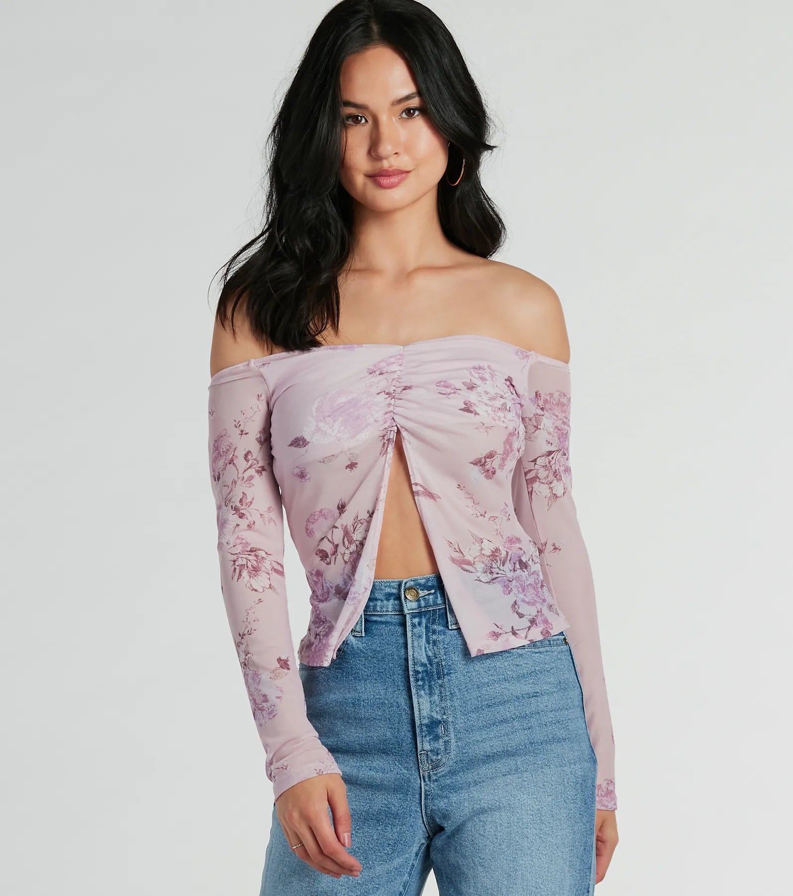 Ribbed Women Long Sleeve Top with a Textured AppealFloral Daydream Off-The-Shoulder Mesh Top