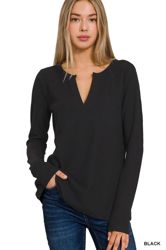 Printed Graphic Women Long Sleeve Top with a Bold StatementPALMER MELANGE BABY WAFFLE V-NECK LONG SLEEVE TOP S-XL