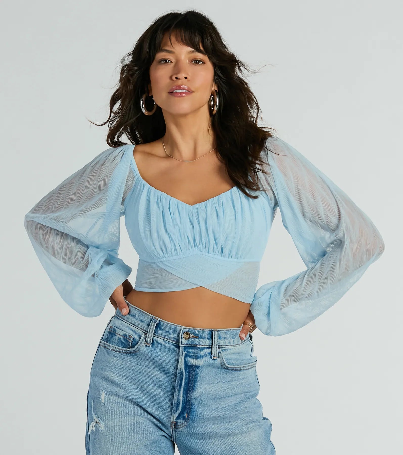 Button - Down Women Long Sleeve Top for a Classic StyleAll This Grace Tie-Back Mesh Crop Top