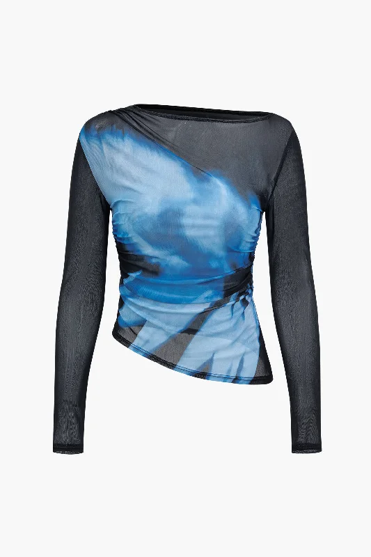 Metallic Accent Women Long Sleeve Top for a Glamorous LookAbstract Print Mesh Long-Sleeve Top