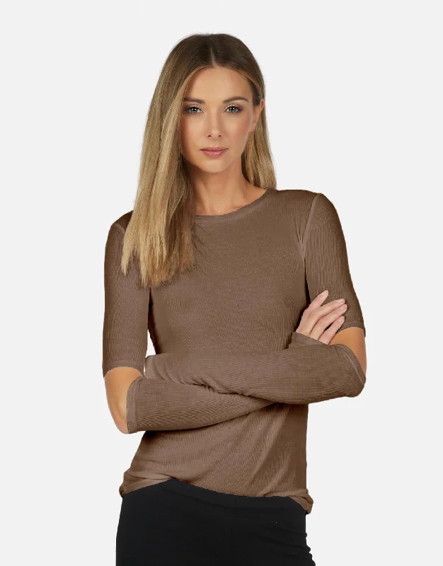 Metallic Accent Women Long Sleeve Top for a Glamorous LookSolomon Fitted Tee Brownie