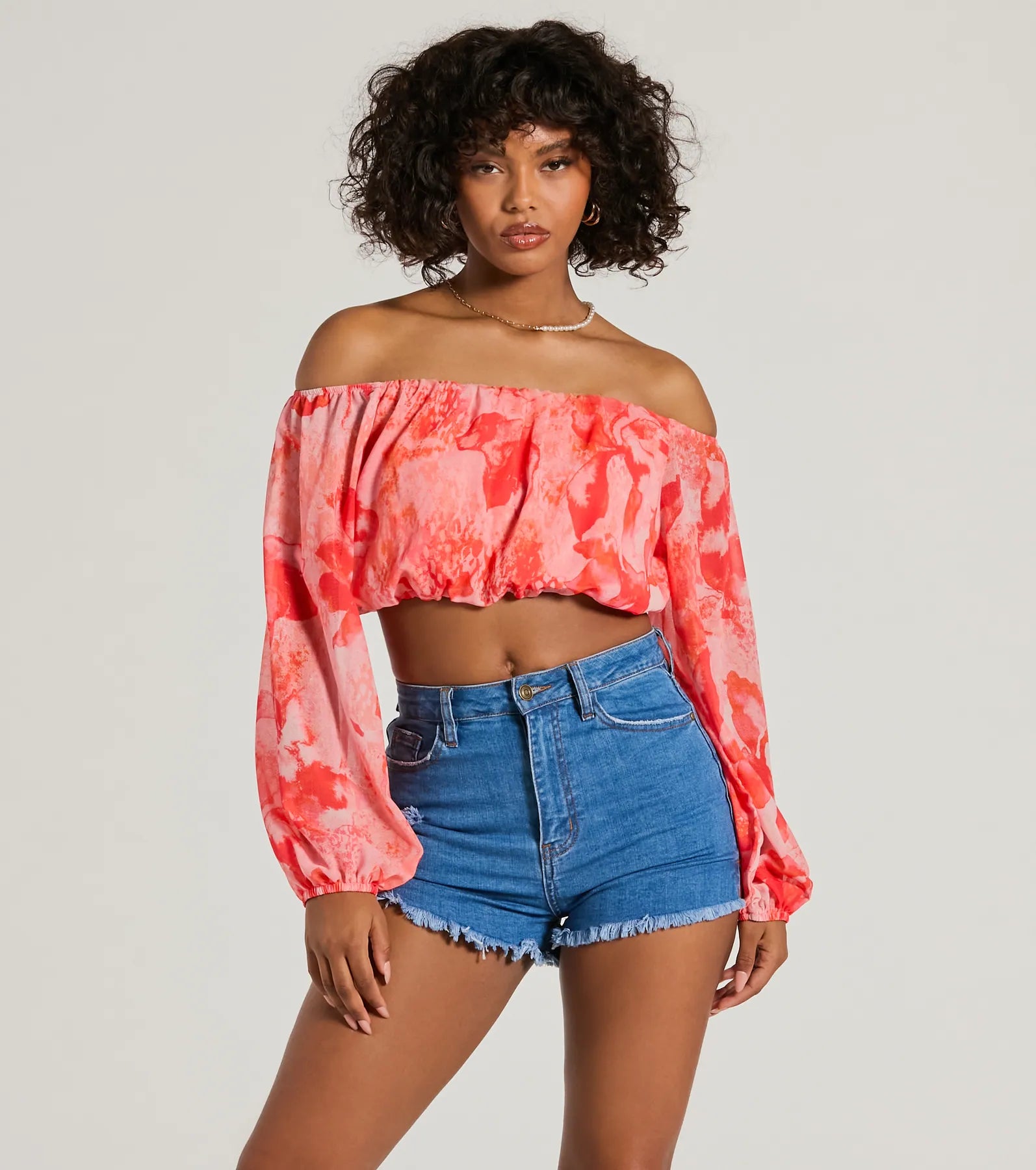 Floral Printed Women Long Sleeve Top for a Romantic LookSunset Beauty Off-The-Shoulder Marble Chiffon Crop Top