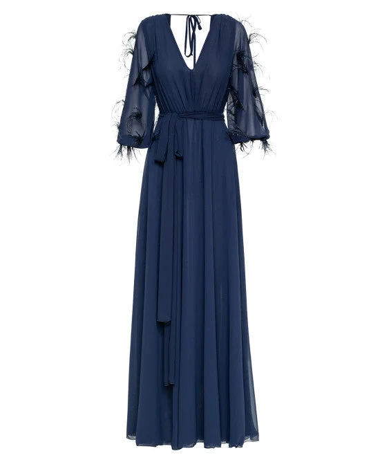 Lightweight Women Sweater for Spring and FallAccess Fashion Navy Maxi Dress With Feather Sleeves