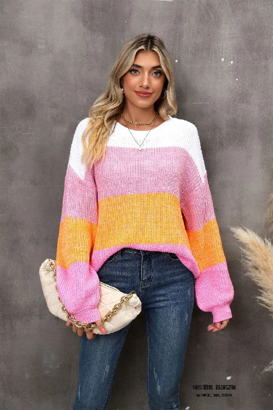 Cropped Women Sweater to Pair with High - Waisted BottomsAngel Wings Color Block Round Neck Dropped Shoulder Sweater