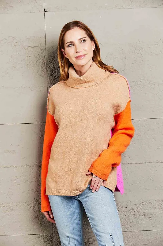 Cashmere Women Sweater with a Luxurious Soft TouchAngel Wings Color Block Turtleneck Slit Sweater