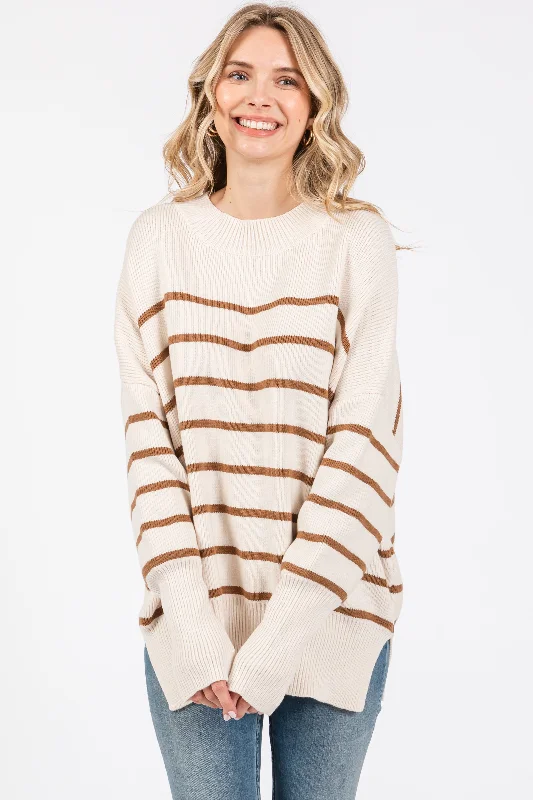 Cable - Knit Women Sweater with Intricate PatternsBeige Striped Drop Shoulder Sweater