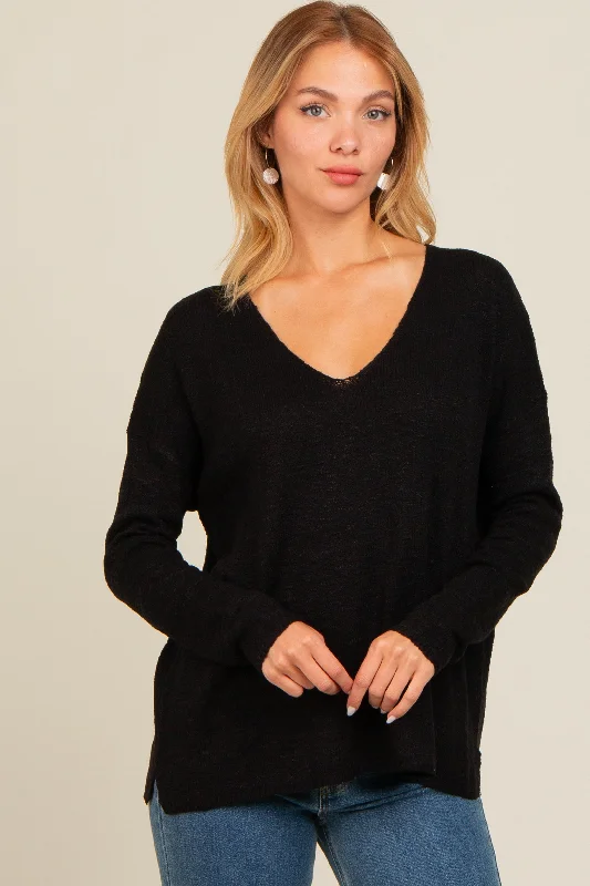 Cable - Knit Women Sweater with Intricate PatternsBlack V-Neck Basic Sweater