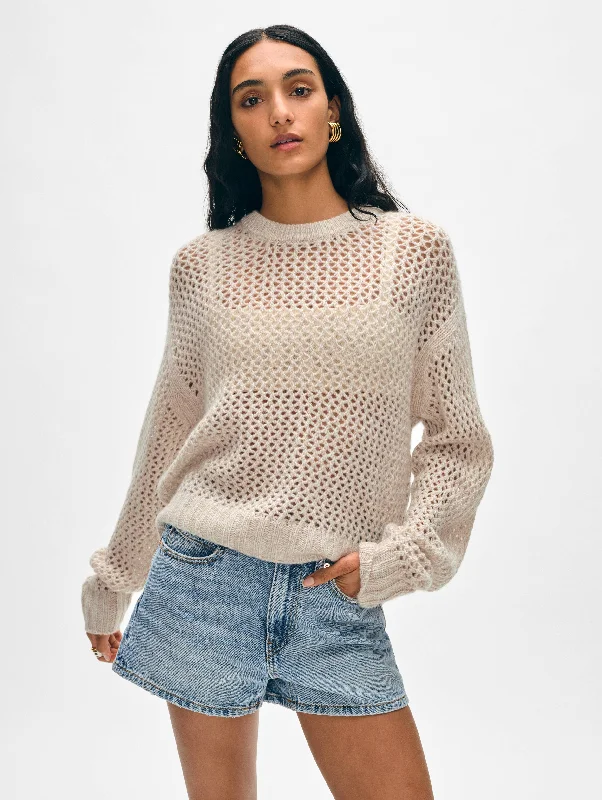 Open - Front Women Sweater for Easy LayeringCashmere Marled Mesh Crewneck