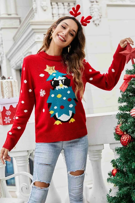 Sequin - Embellished Women Sweater for Special OccasionsChristmas Penguin Graphic Sequin Sweater