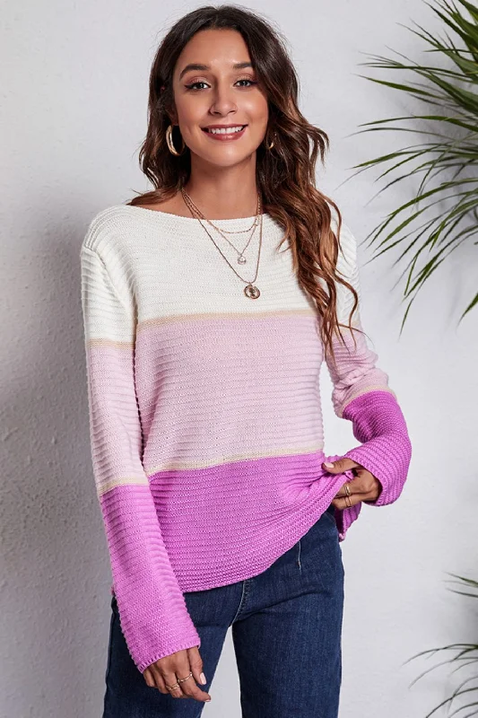 Organic Cotton Women Sweater for an Eco - Friendly ChoiceColor Block Horizontal Ribbing Sweater