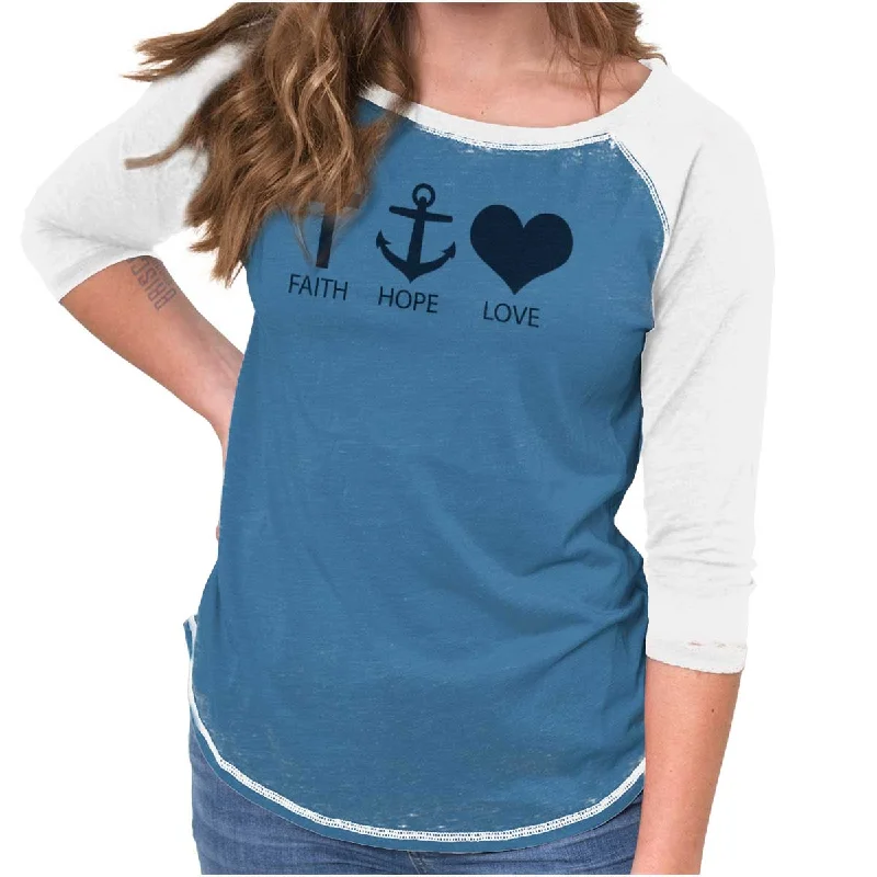 Distressed Women T Shirt with a Laid - Back AestheticFaith Anchor Love Baseball Raglan T