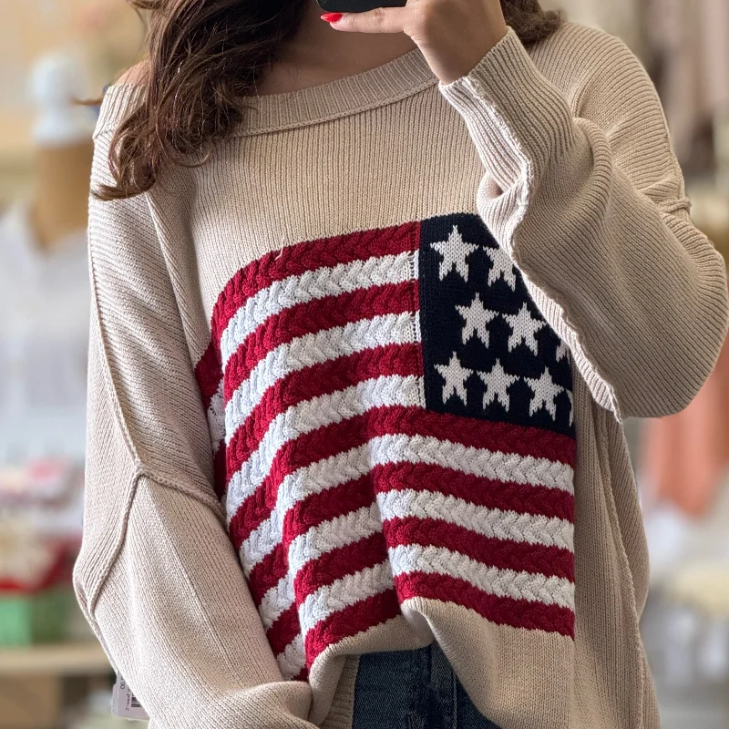 Sequin - Embellished Women Sweater for Special OccasionsFlag Crochet Knit Sweater Taupe