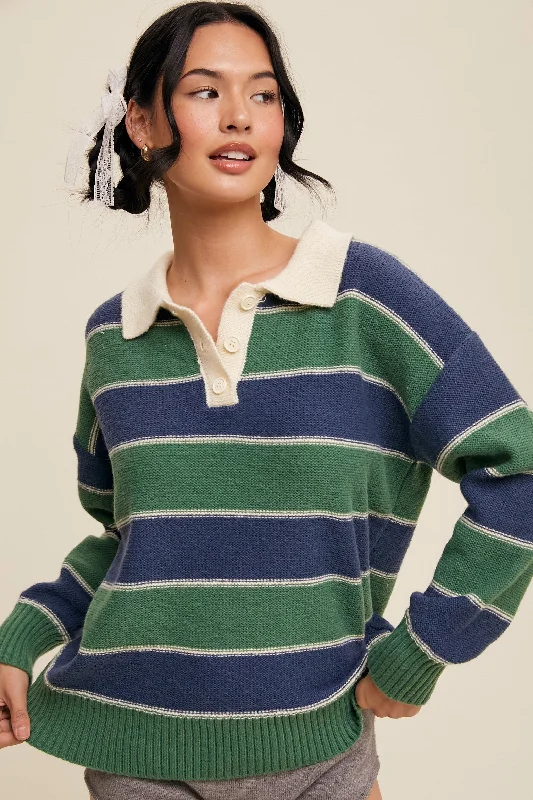 Hand - Knitted Women Sweater with Artisanal CharmGreen Striped Polo Knit Sweater