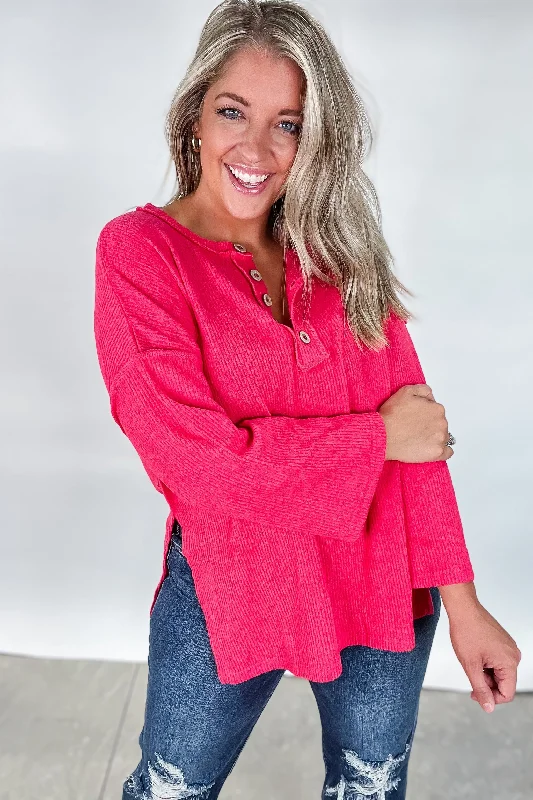 Oversized Women Sweater for a Cozy and Fashionable LookHacci Henley Sweater - Magenta