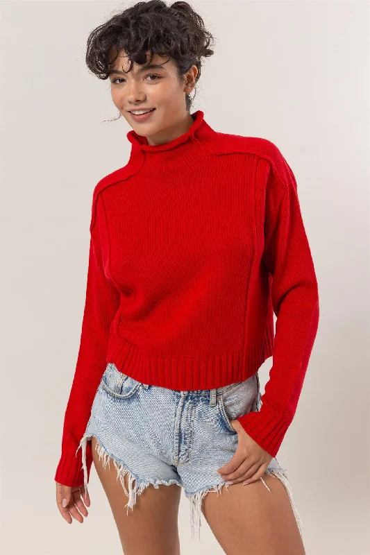 Cable - Knit Women Sweater with Intricate PatternsHigh Neck Reverse Seam Sweater - Red