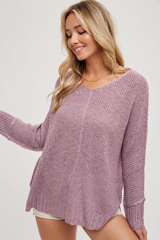 Lightweight Women Sweater for Spring and FallLavender Chunky Knit Side Slit Sweater