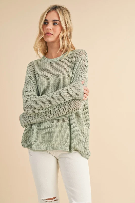 Long - Sleeve Women Sweater with Ribbed CuffsLight Olive Open-Knit Sweater