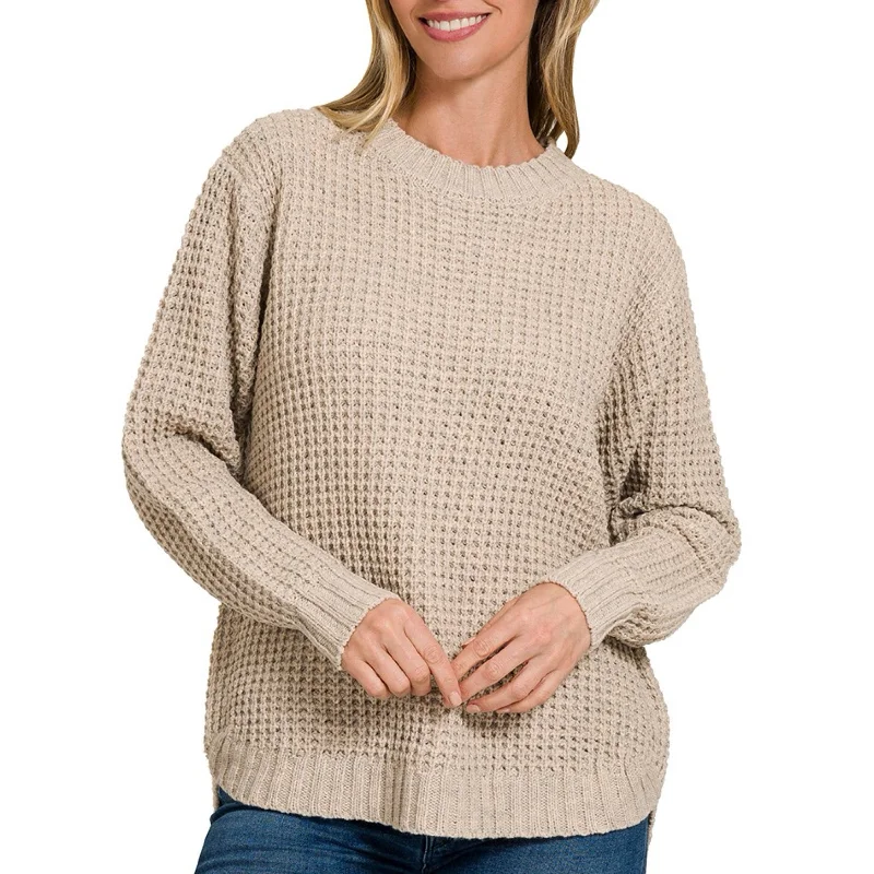 Mock - Neck Women Sweater for a Modern TwistNight Sky Hi-Low Waffle Knit Round Neck Sweater