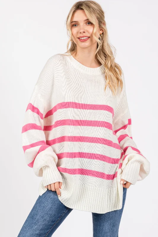 V - Neck Women Sweater to Elongate the NecklinePink Striped Oversized Side Slit Sweater