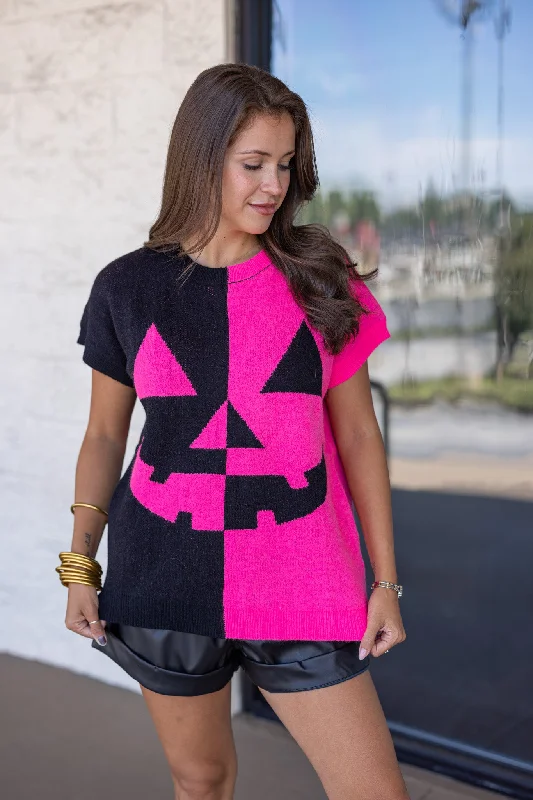 Long - Sleeve Women Sweater with Ribbed CuffsPink Pumpkin Sweater Top