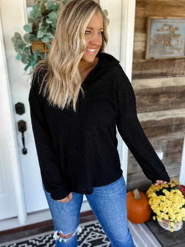 Long - Sleeve Women Sweater with Ribbed CuffsPuff Perfect Waffle Top - Black