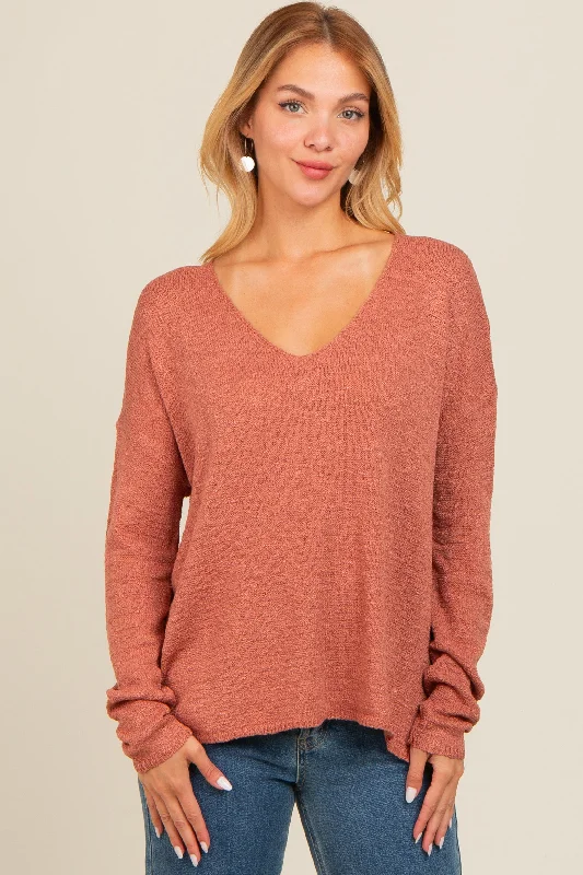 Cable - Knit Women Sweater with Intricate PatternsRust V-Neck Basic Sweater