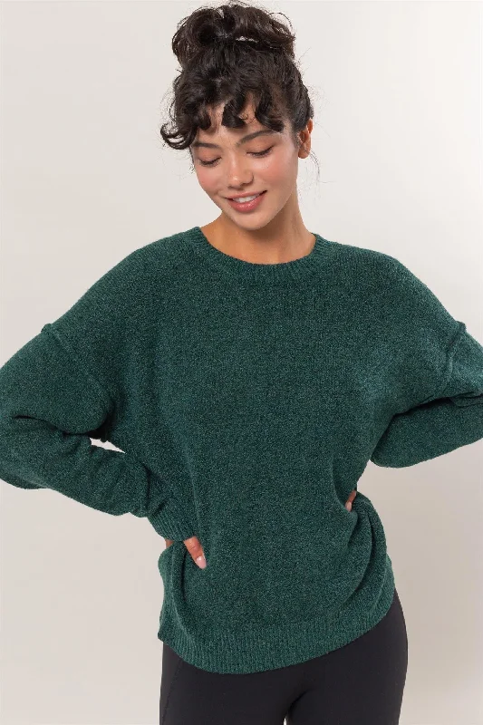 Cropped Women Sweater to Pair with High - Waisted BottomsSeam Detail Crew Neck Sweater - Dark Green