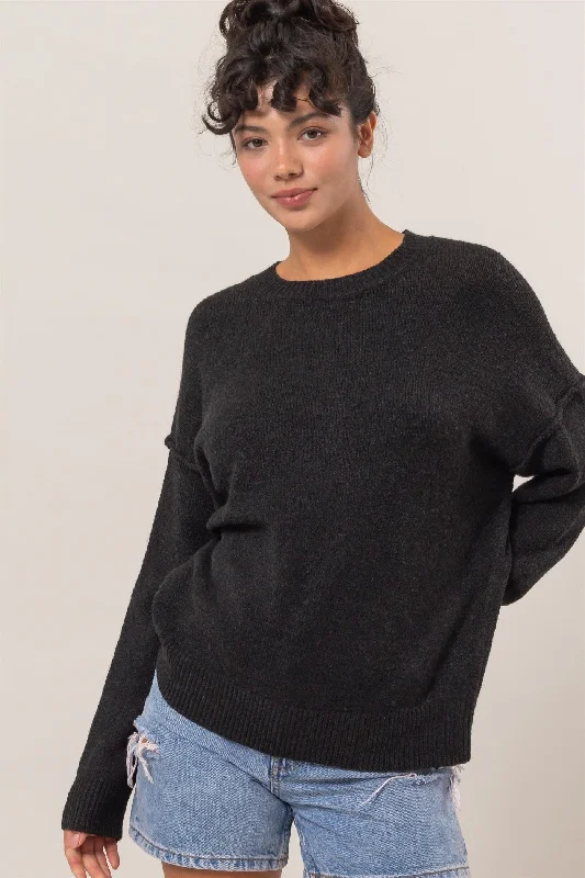 Cropped Women Sweater to Pair with High - Waisted BottomsSeam Detail Crew Neck Sweater - Black