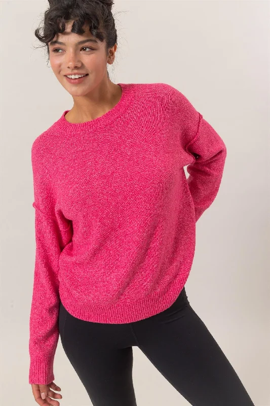 Chunky Knit Women Sweater for Winter WarmthSeam Detail Crew Neck Sweater - Raspberry