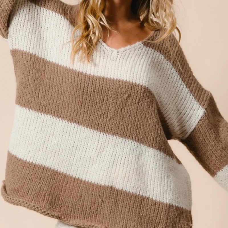 Hand - Knitted Women Sweater with Artisanal CharmThe Abbie Striped Knit V Neck Sweater