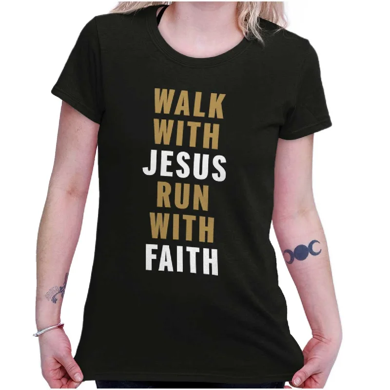 Embroidered Women T Shirt with Intricate DetailsWalk With Lord Run Ladies T Shirt