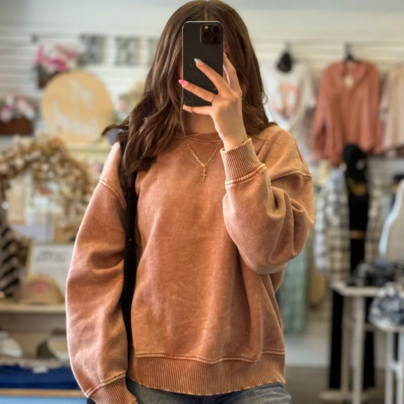 Hooded Women Sweater for Added Comfort and StyleWhen I Go Acid Washed Sweater Rust