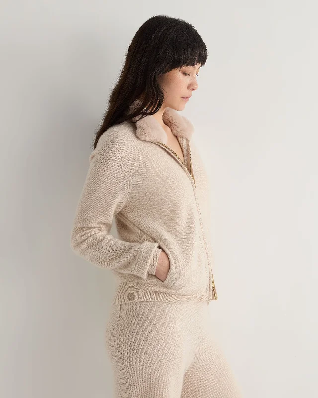 Striped Women Sweater with a Timeless PatternWomen's Honeycomb Full Zip Cashmere Sweater With Fur Trim Ecru White